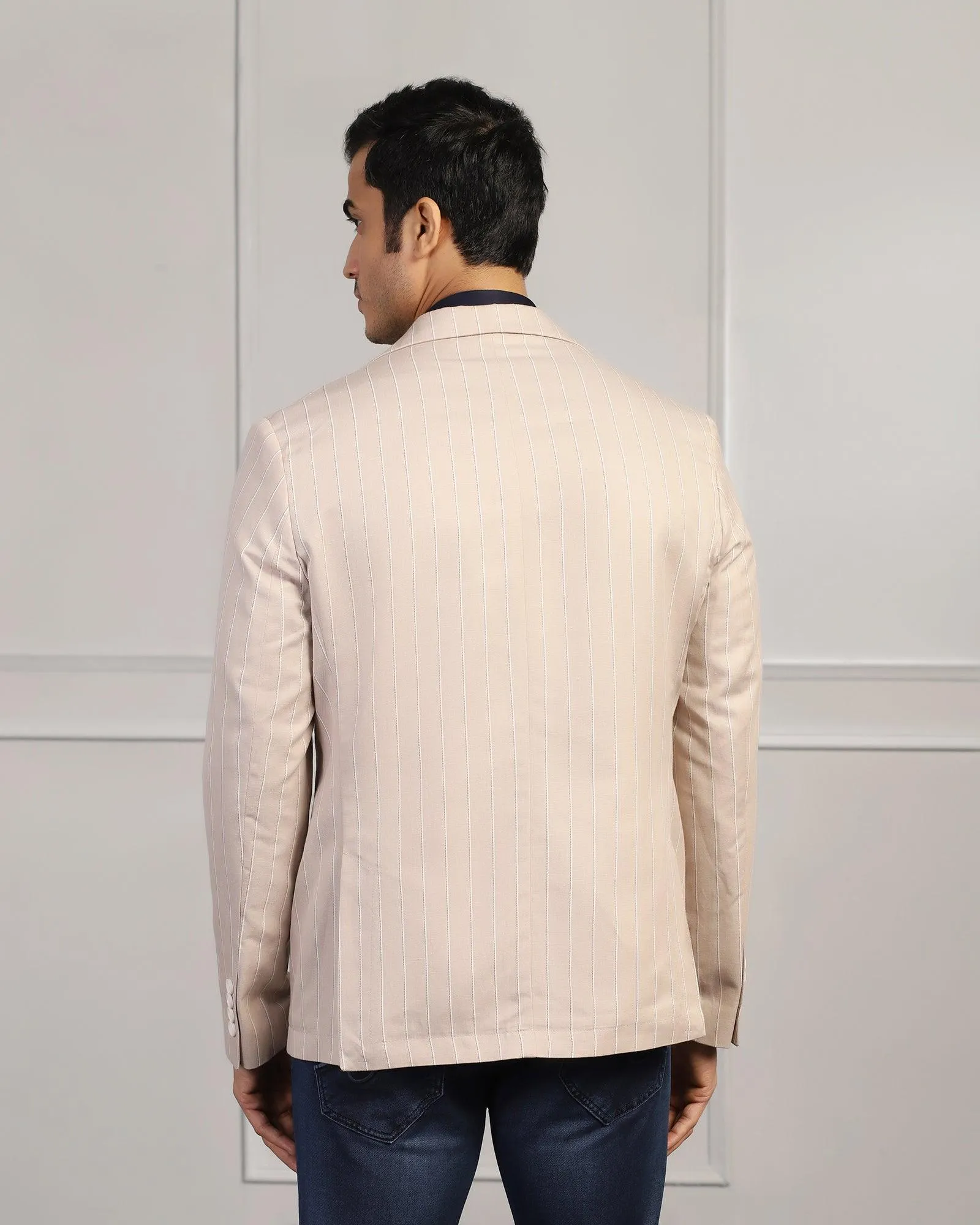 Linen Casual Beige Stripe Blazer - Moses