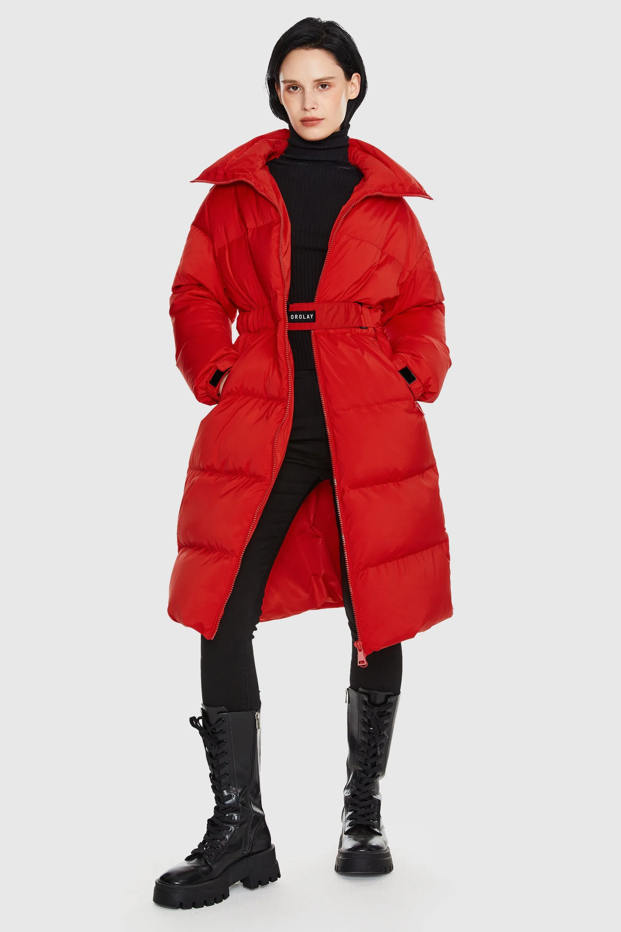 Long Puffer Jacket with Velcro Belt