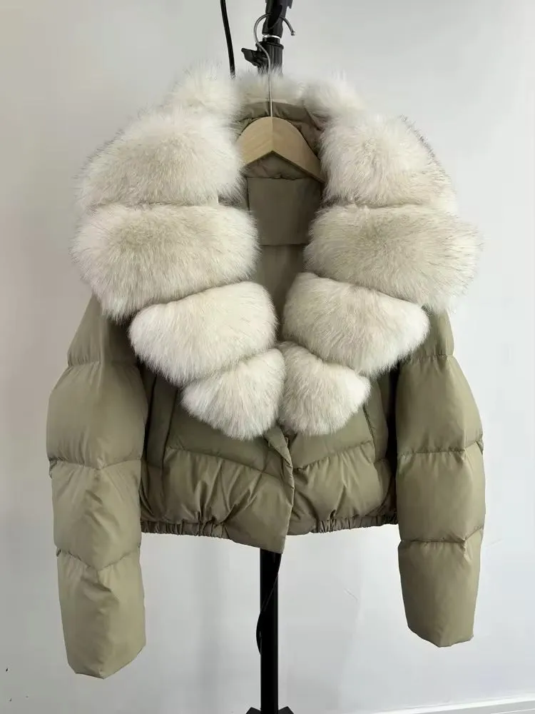 Luxurious Women's Short Down Jacket with Genuine Fur Trim. Oversized jacket plus size