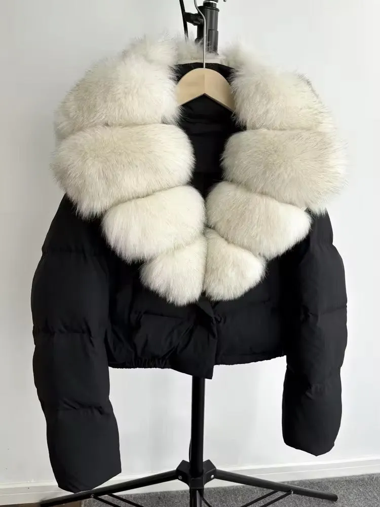 Luxurious Women's Short Down Jacket with Genuine Fur Trim. Oversized jacket plus size