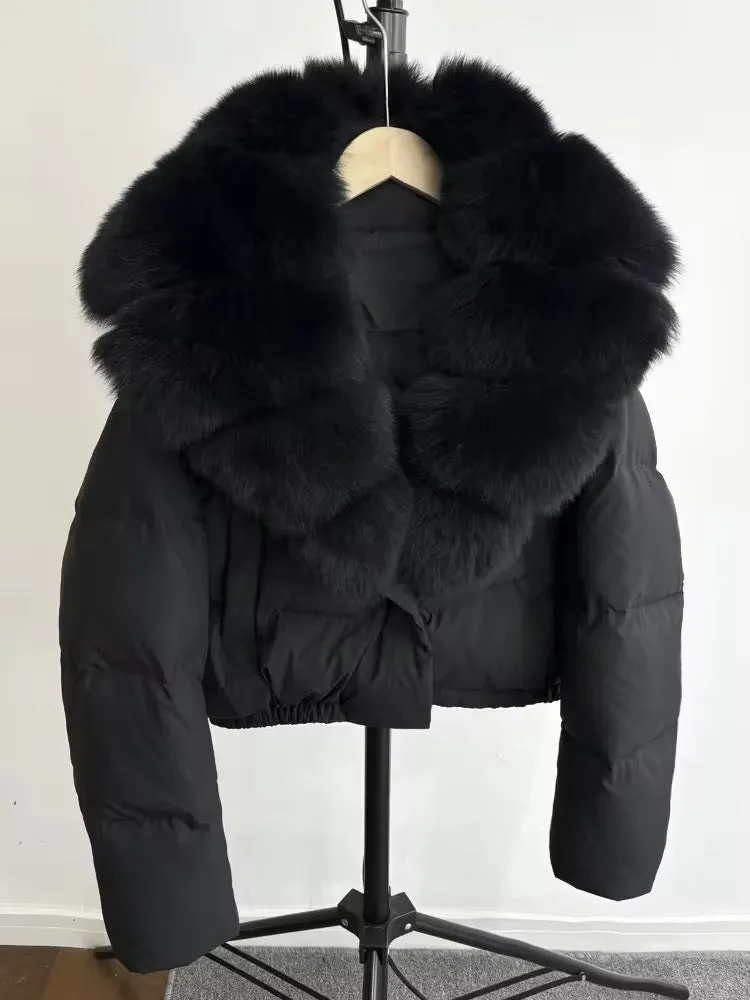 Luxurious Women's Short Down Jacket with Genuine Fur Trim. Oversized jacket plus size