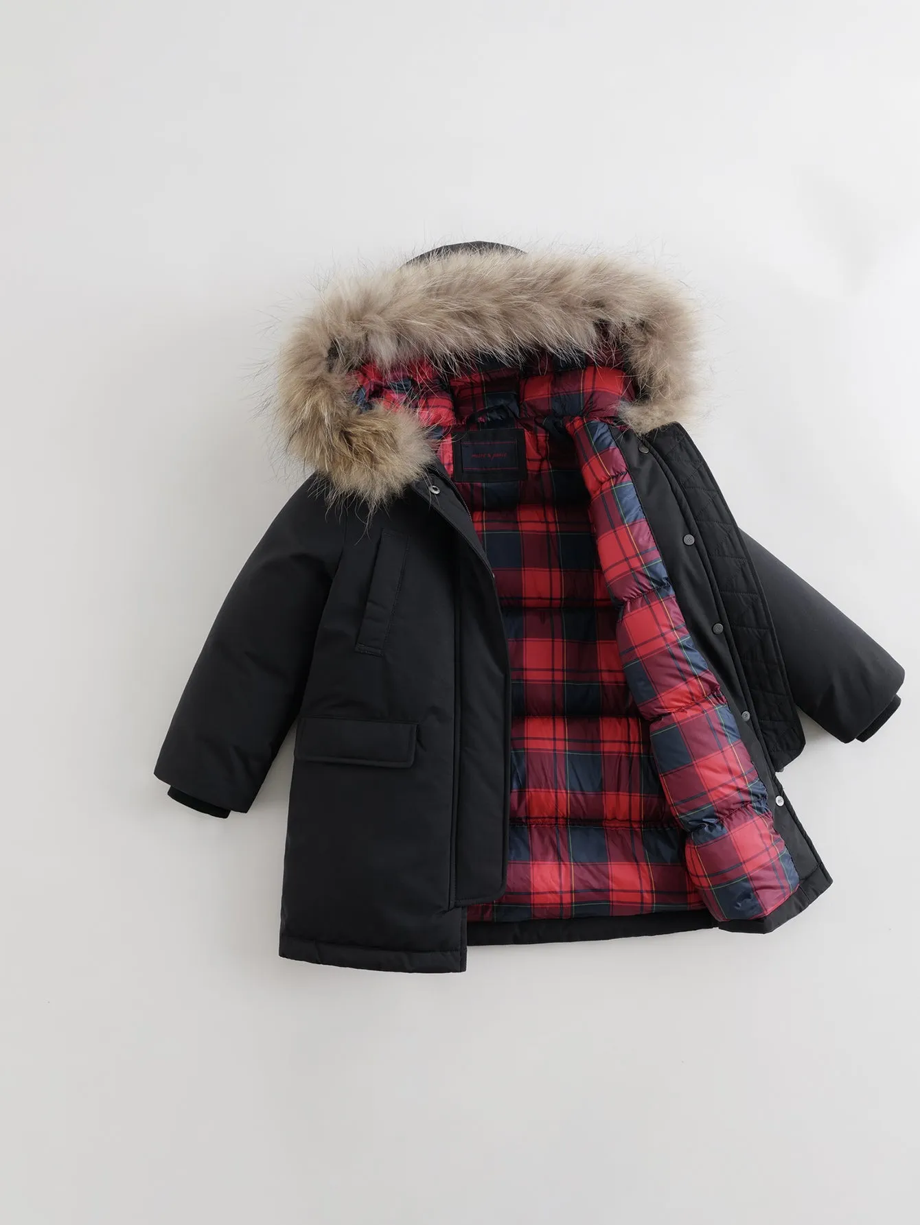 MARC & JANIE Boys Girls Ultralight Hooded Down Mid-Length Coat with Raccoon Fur Collar 210850