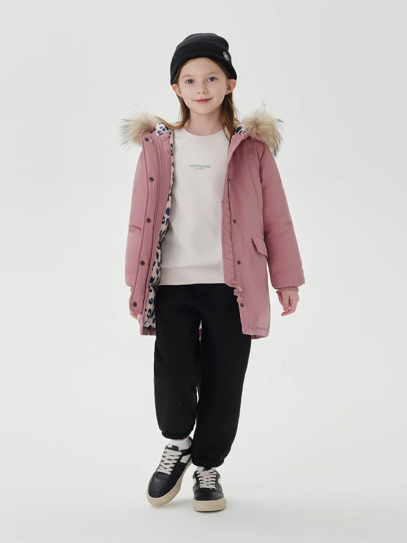 MARC & JANIE Boys Girls Ultralight Hooded Down Mid-Length Coat with Raccoon Fur Collar 210850