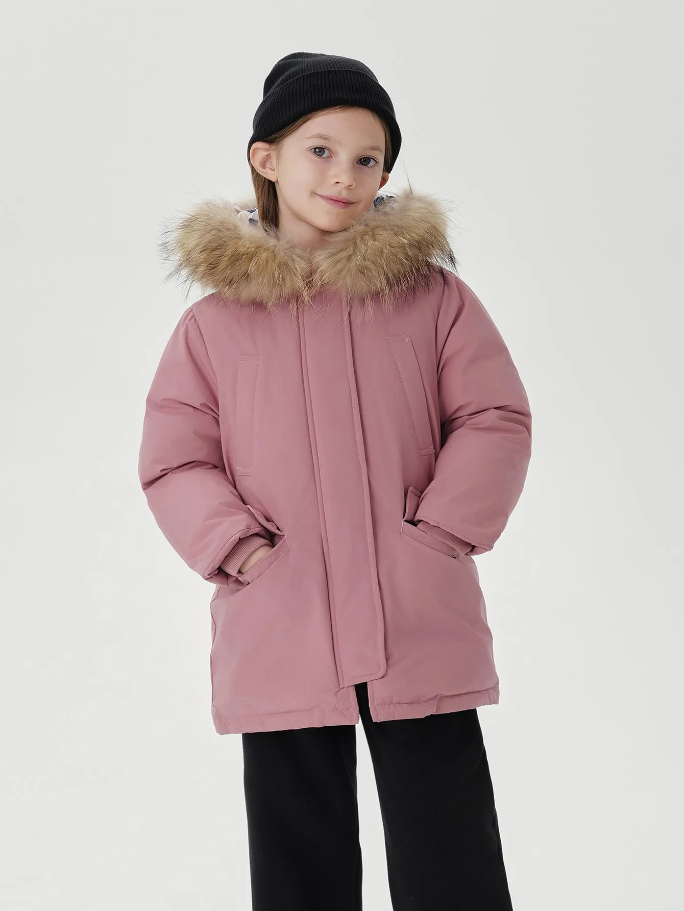 MARC & JANIE Boys Girls Ultralight Hooded Down Mid-Length Coat with Raccoon Fur Collar 210850