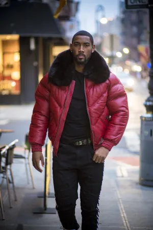 Men V Bomber Jacket - Red (Black Fur)