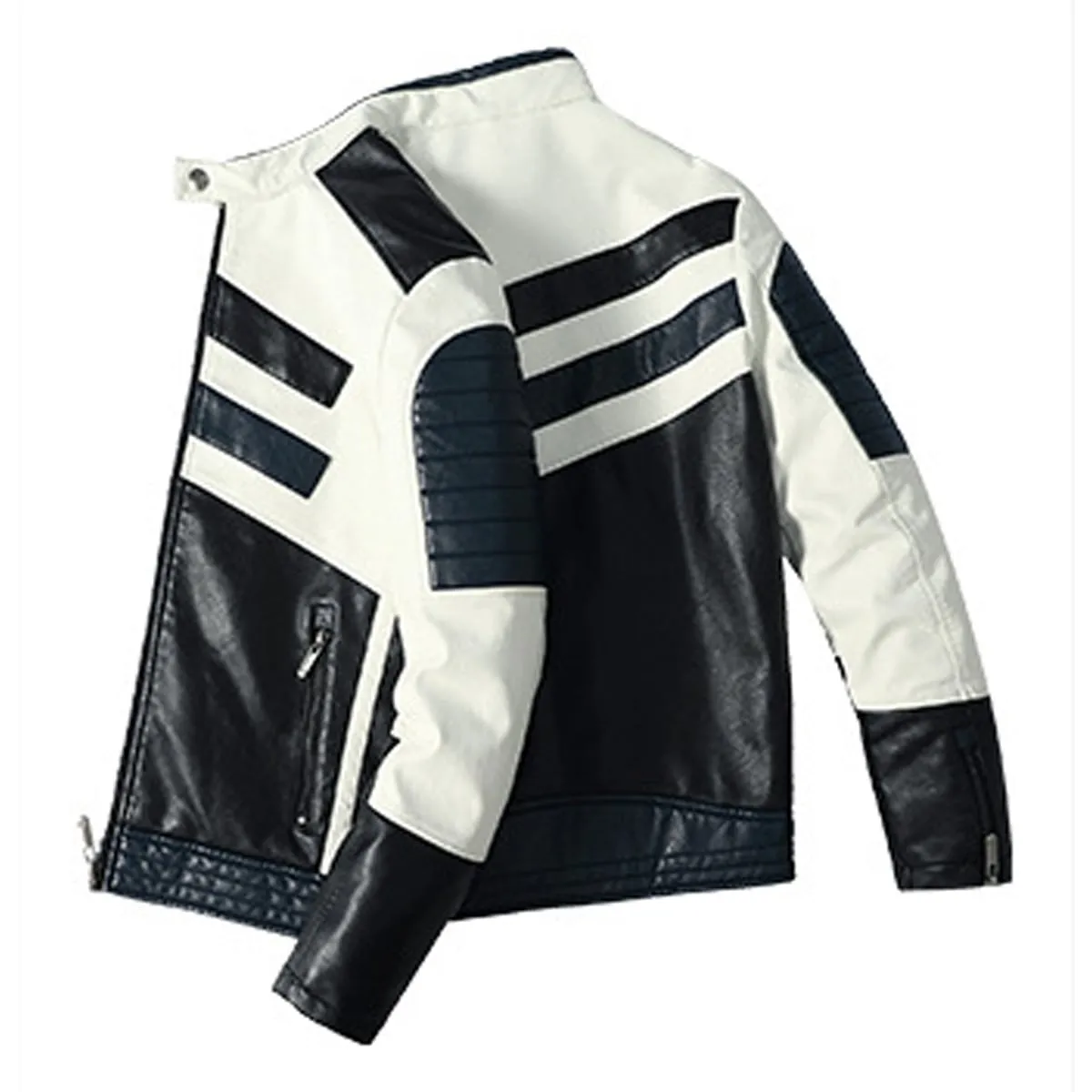 Men’s Black Biker PU Café Racer Stand Collar Striped Black Blue White Toned Outfit Moto Rider Zip-Up Casual Classic Streetwear Slim Fit Faux Leather Jacket