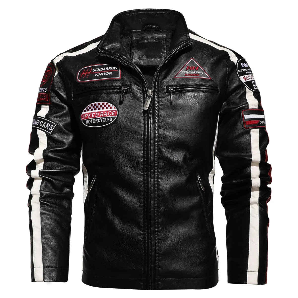 Men’s Black Rider Genuine Sheepskin Stand Collar Cool Embroidery Patch Aviator Fashionable Casual  Motorcycle Biker Leather Jacket