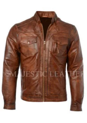 Mens Classic Fashion Slim Fit Waxed Soft Leather Vintage Biker Jacket