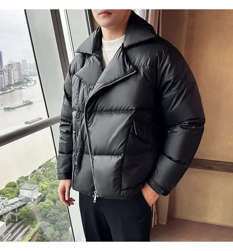 Men's Winter White Duck Down Jacket – High-Quality Short Loose Fit Coat with Large Lapel for Warmth & Streetwear Style