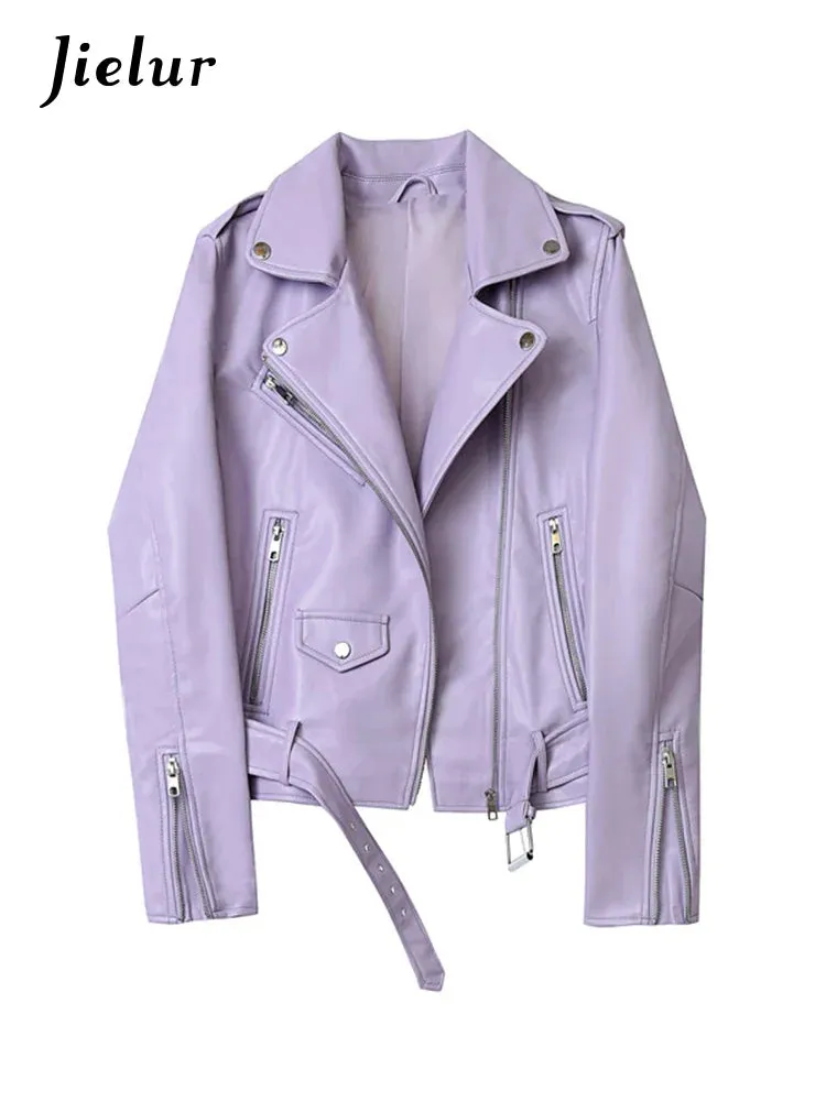 Metaversmall Autumn Pu Faux Leather Jacket Women Purple Zipper Slim Short Biker Jackets Coat Female Outwear Veste Femme Tops