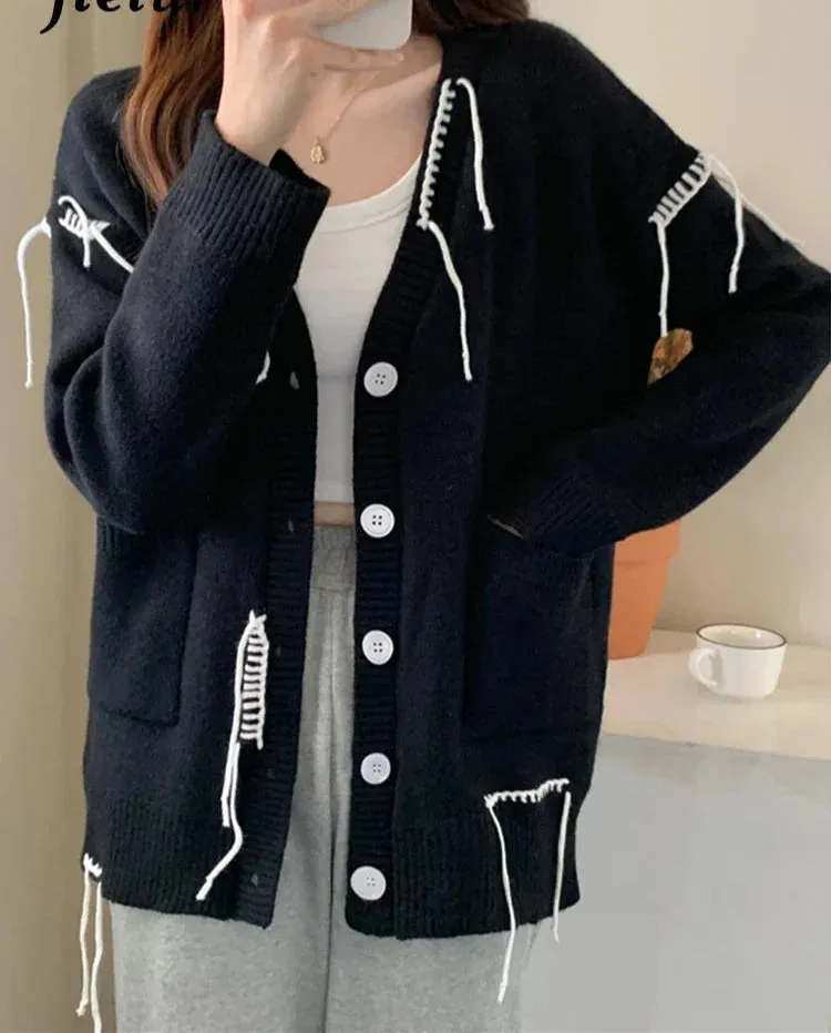 Metaversmall Chic Tassel Sweater Cardigan Women Autumn Winter Korean Fashion Loose Lazy Student Black Sweaters Coat Single-breasted