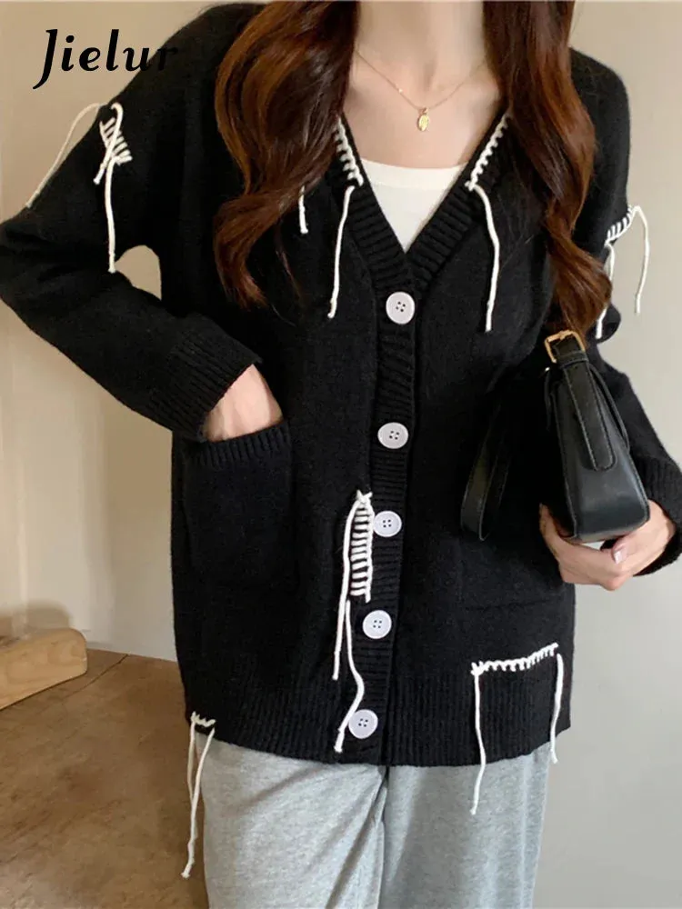 Metaversmall Chic Tassel Sweater Cardigan Women Autumn Winter Korean Fashion Loose Lazy Student Black Sweaters Coat Single-breasted