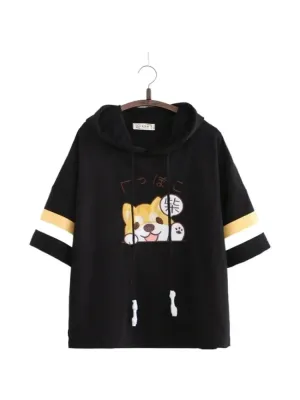 Metaversmall Hooded T Shirts Cartoon Dog Embroidery Funny  Shirt Summer Short Sleeve O Neck Cotton -shirt For Girl Female