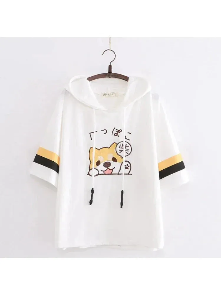 Metaversmall Hooded T Shirts Cartoon Dog Embroidery Funny  Shirt Summer Short Sleeve O Neck Cotton -shirt For Girl Female