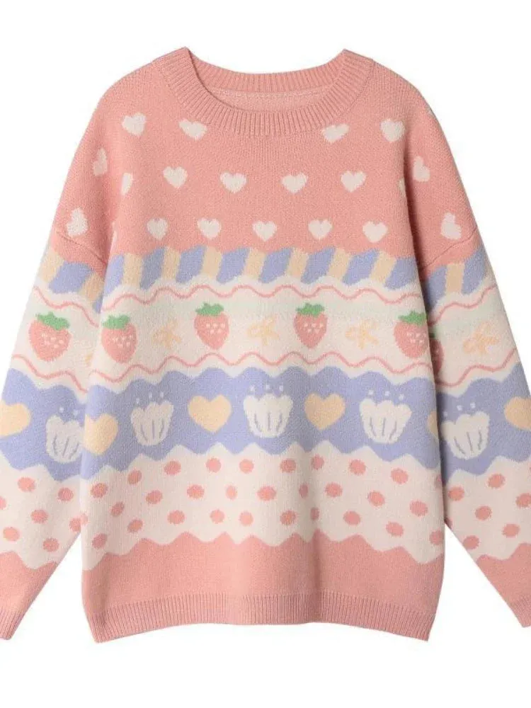 Metaversmall Pink Cartoon Strawberry Embroidery Sweaters Sweet Style Knit Pullovers Women Winter Thick Warm Christmas Sweater Jumpers Girls