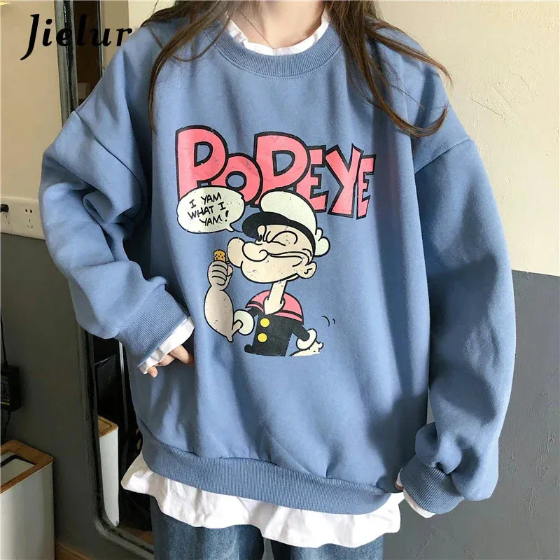 Metaversmall Popeye Cartoon Fake Two Pieces Sweatshirts Female Loose Printed Hoodies Beige Pullovers Kawaii Lovely Women Clothes M-XL