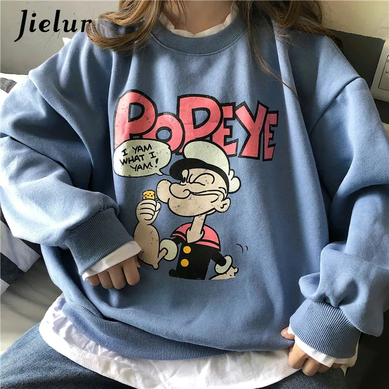 Metaversmall Popeye Cartoon Fake Two Pieces Sweatshirts Female Loose Printed Hoodies Beige Pullovers Kawaii Lovely Women Clothes M-XL