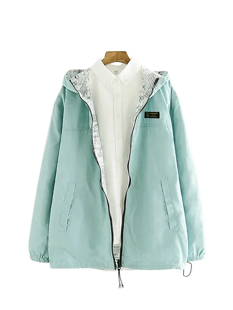 Metaversmall Spring Women Bomber Basic Jacket Pocket Zipper Hooded Two Side Wear Cartoon Print Outwear Loose Coat