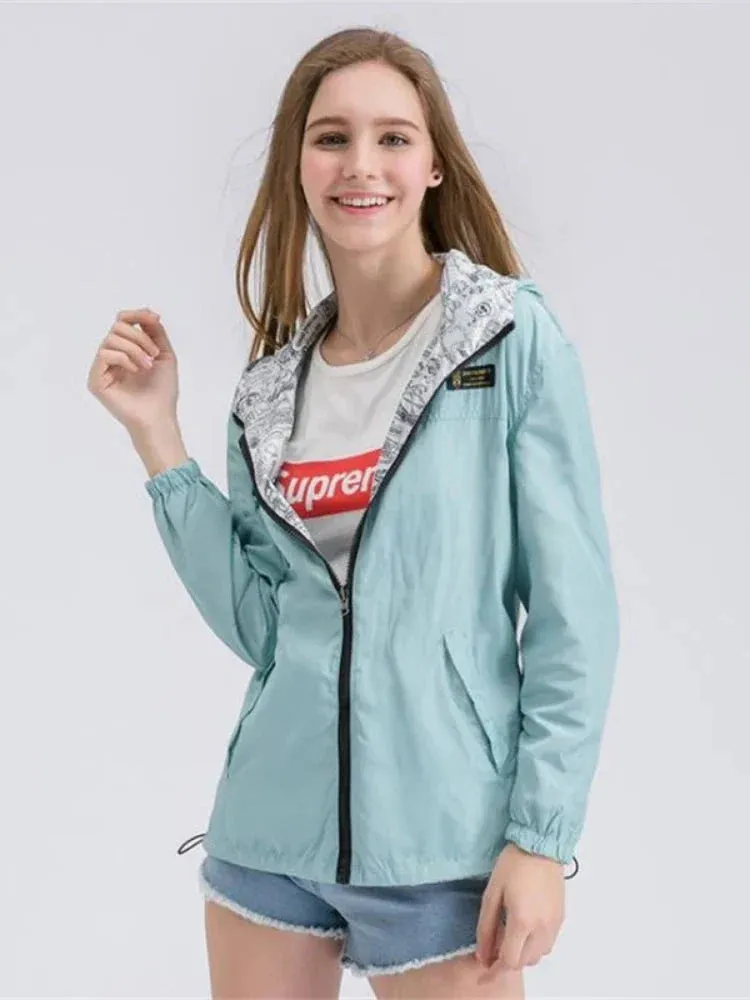 Metaversmall Spring Women Bomber Basic Jacket Pocket Zipper Hooded Two Side Wear Cartoon Print Outwear Loose Coat