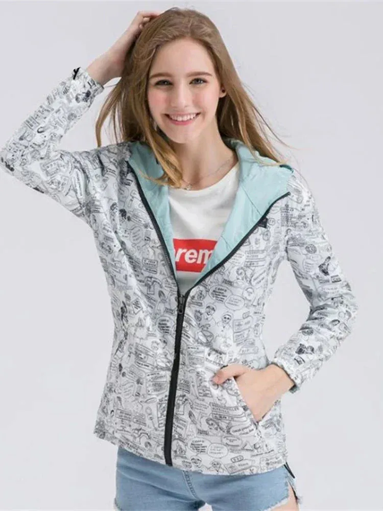 Metaversmall Spring Women Bomber Basic Jacket Pocket Zipper Hooded Two Side Wear Cartoon Print Outwear Loose Coat