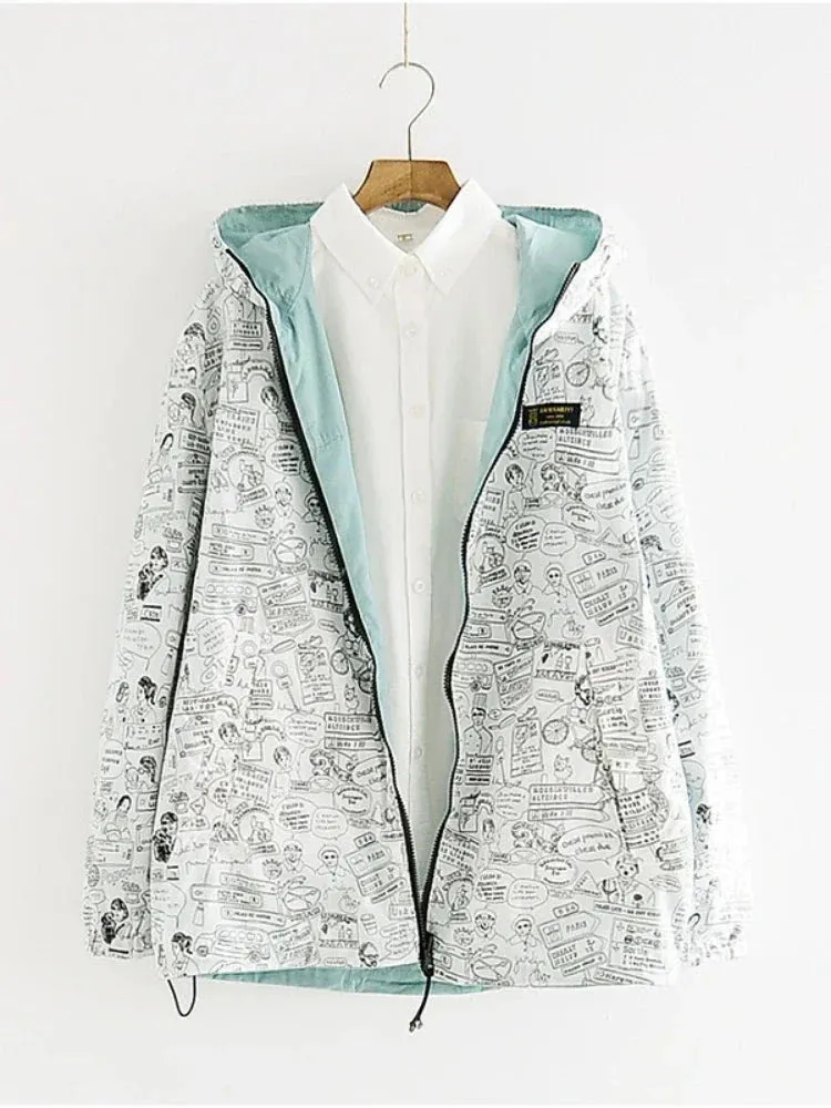 Metaversmall Spring Women Bomber Basic Jacket Pocket Zipper Hooded Two Side Wear Cartoon Print Outwear Loose Coat