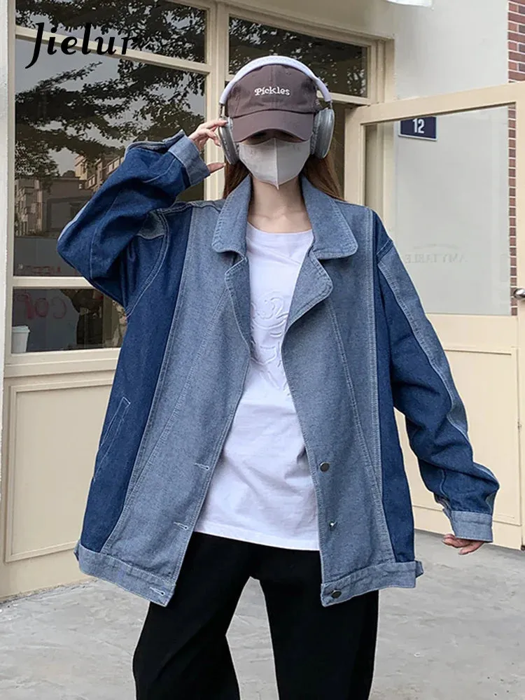 Metaversmall Suit Collar Denim Coat Women Autumn Winter Korean New Fashion Loose Casual Spell Color Blue Denim Jacket Female S-XL