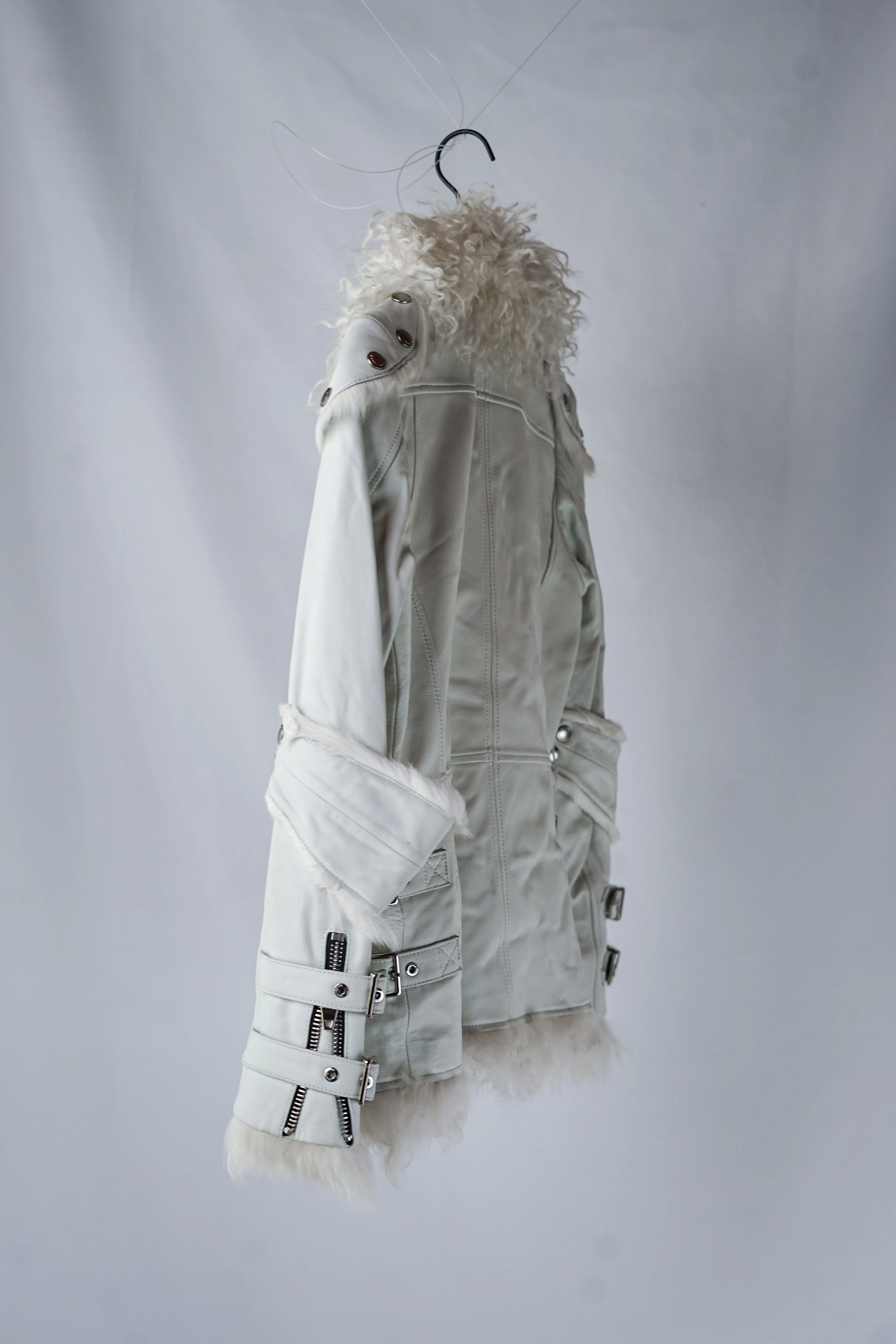 Miss Luxury | White Leather Jacket with Fur Collar and Rabbit Fur Lining