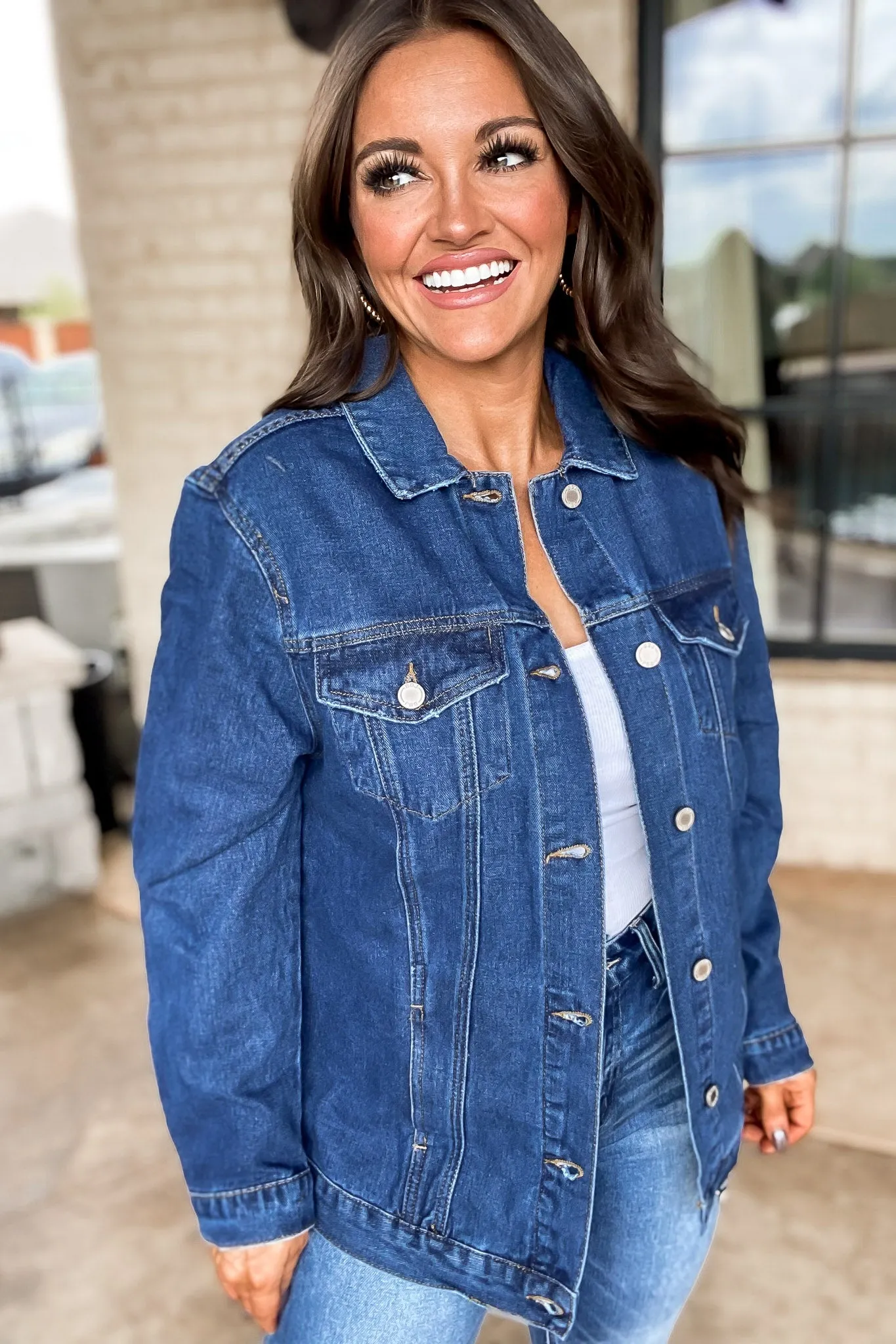 On The Patio Dark Wash Oversized Denim Jacket