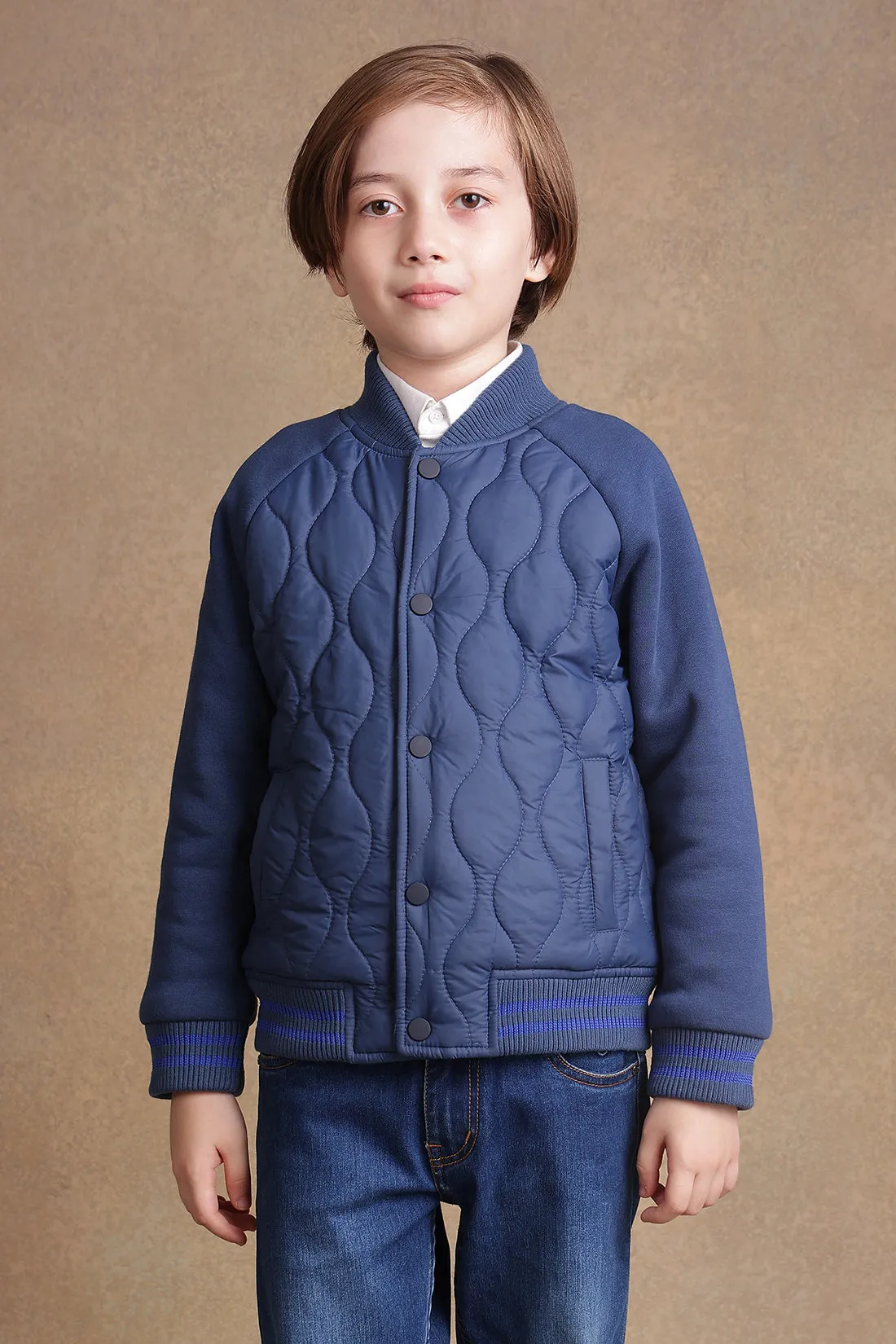 One Friday Kids Boys Navy Blue Quilted Stand Collared Jacket