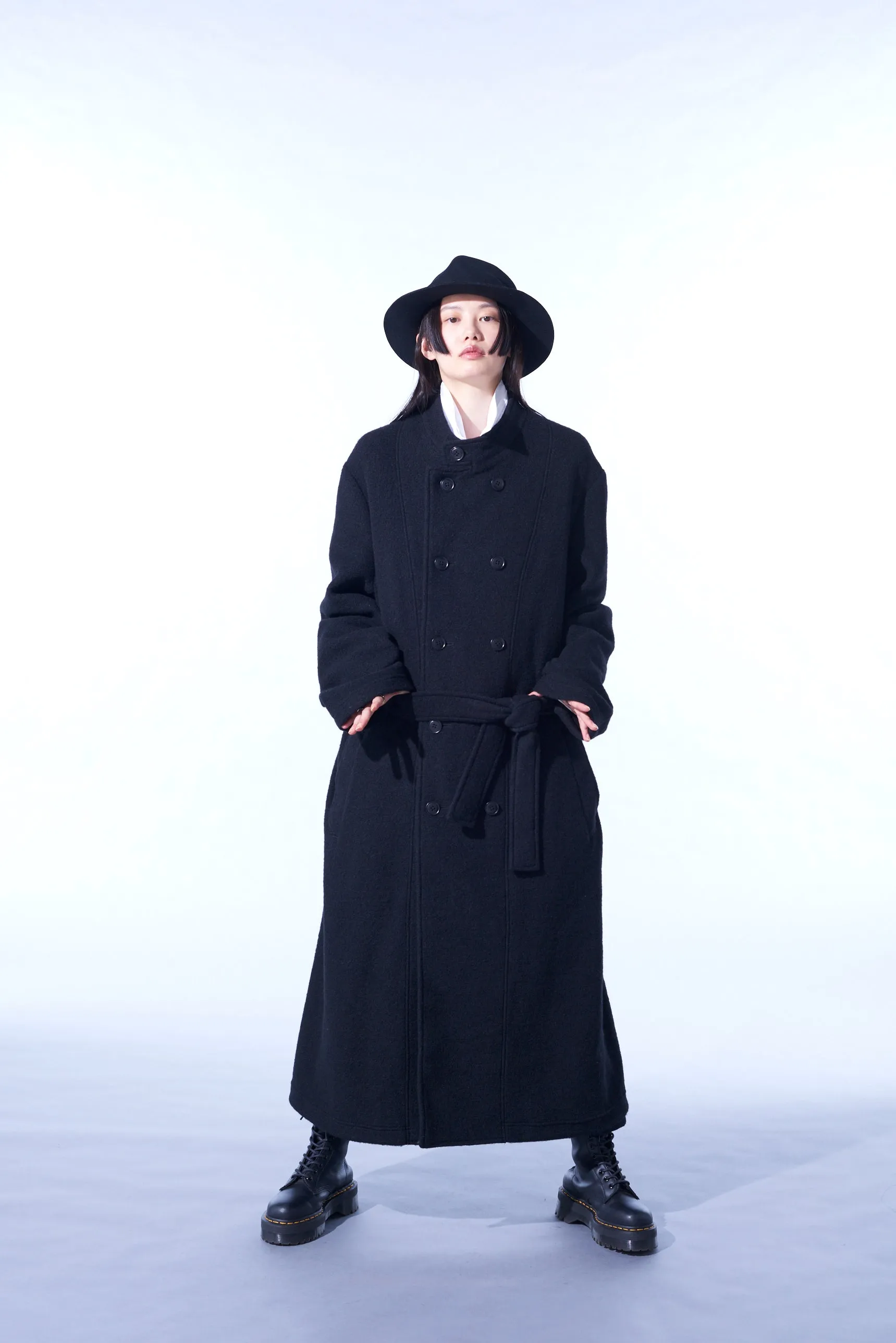 PE/W SLIVER JERSEY DOUBLE-BREASTED STAND COLLAR COAT