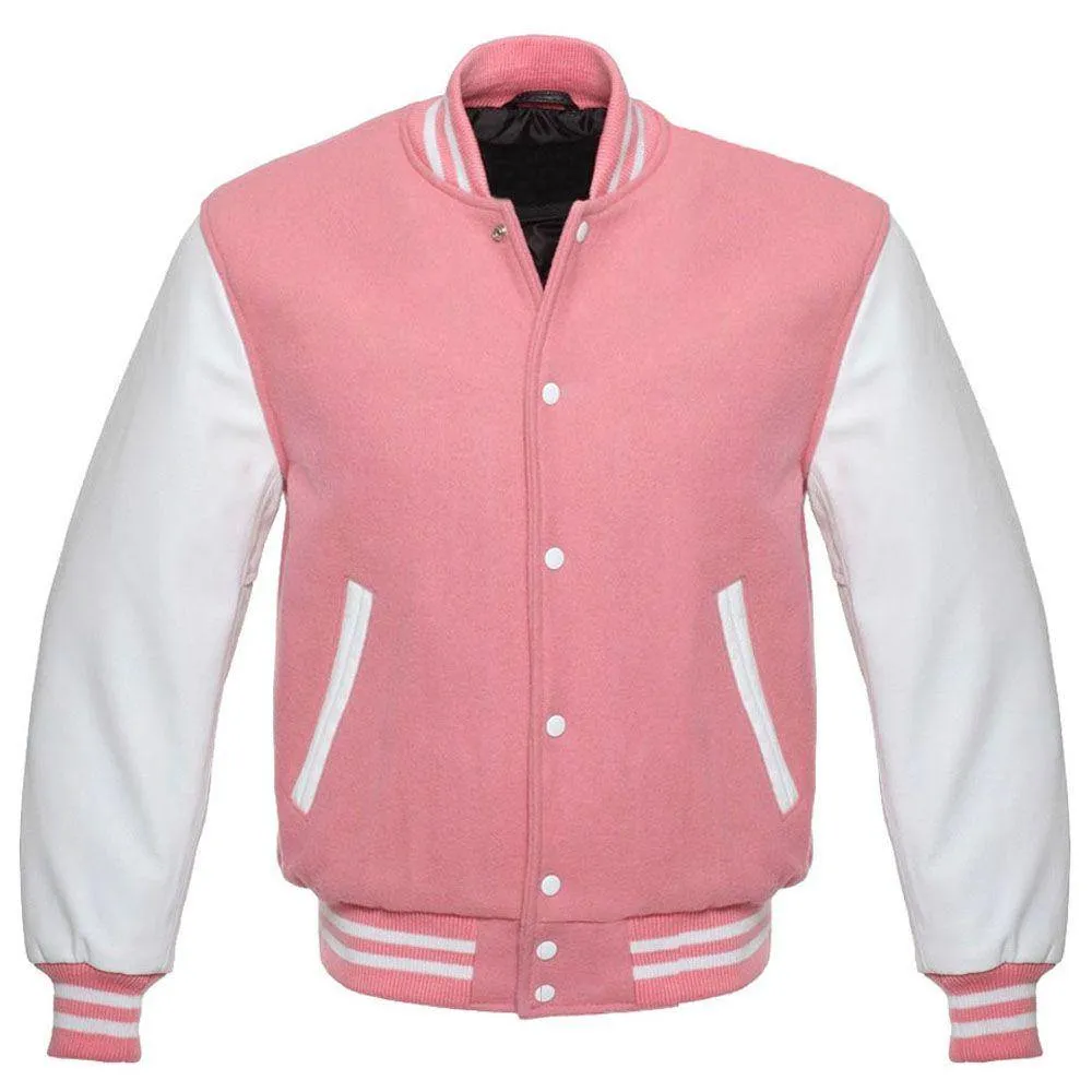 Pink and White Varsity Jacket with Customizable Logos