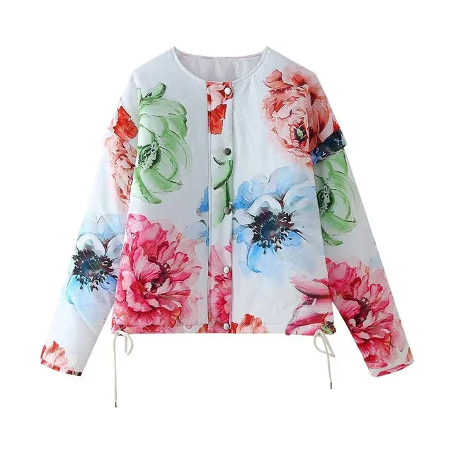 Pre Order:  Retro Floral Thin Quilted Zip Up Jacket