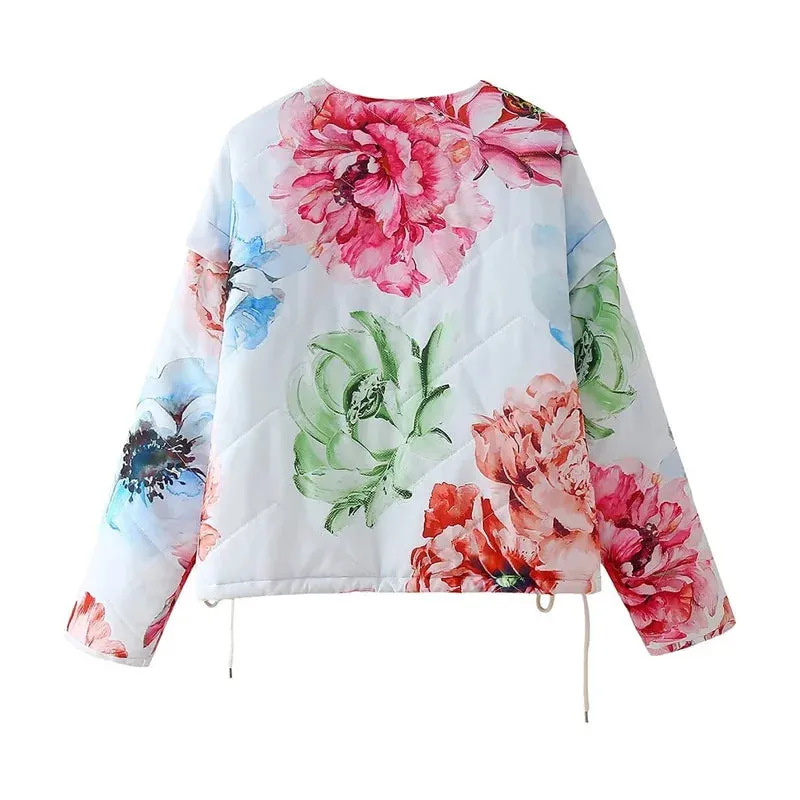 Pre Order:  Retro Floral Thin Quilted Zip Up Jacket