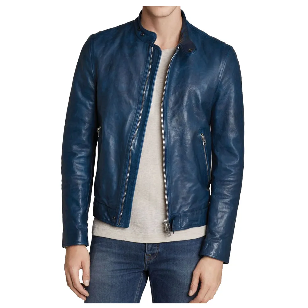 Slim Fit Blue Leather Jacket Men