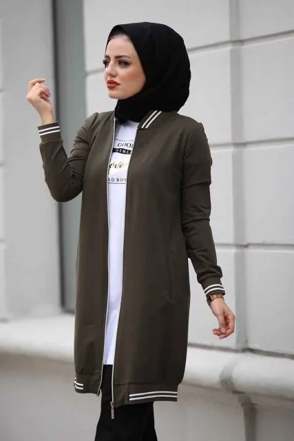 Striped Cuff & Hem Zipper Muslim Jacket