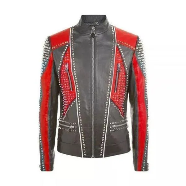 Studded Punk Men's Leather Fashion Jacket in Red