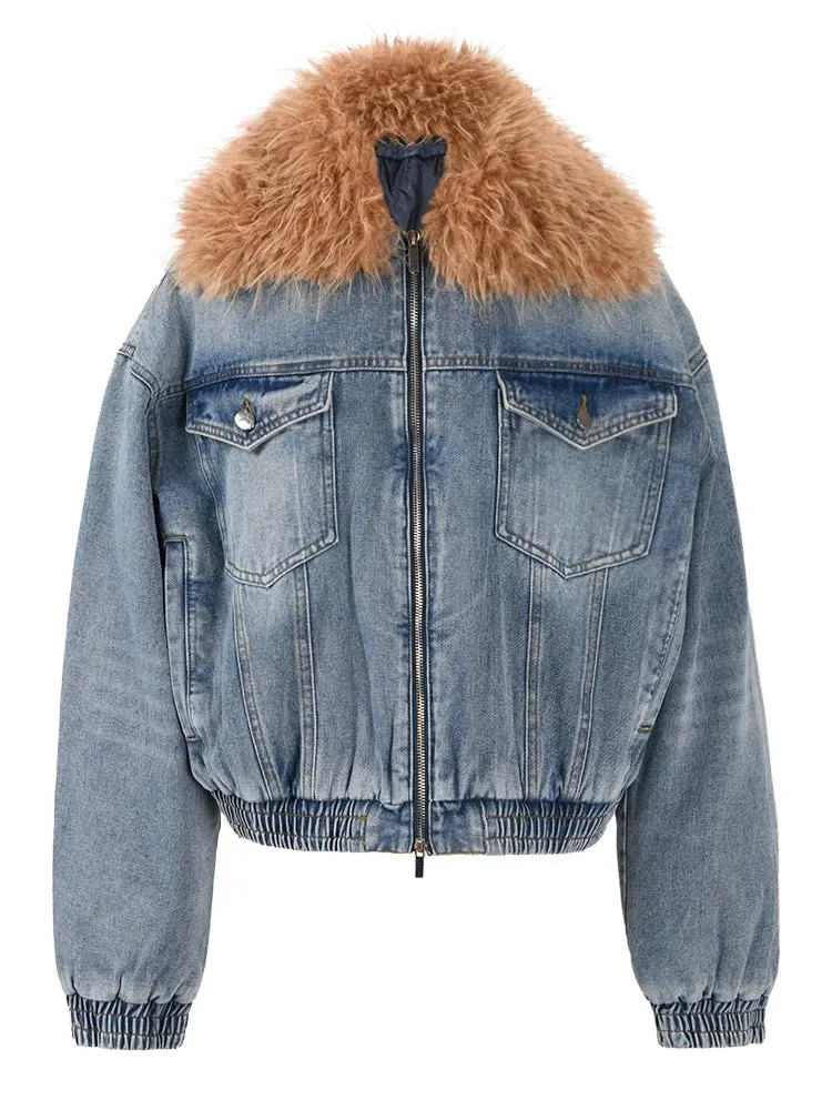 TEEK - Blue Denim Cotton Padded Fluff Lapel Jacket