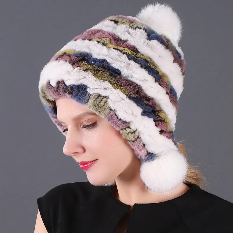 Three ball ear protecting Rex rabbit fur hat thickened warm lady fur in autumn and winter