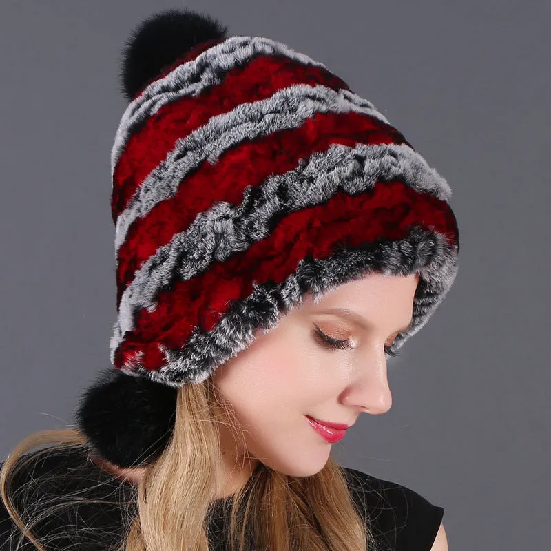 Three ball ear protecting Rex rabbit fur hat thickened warm lady fur in autumn and winter