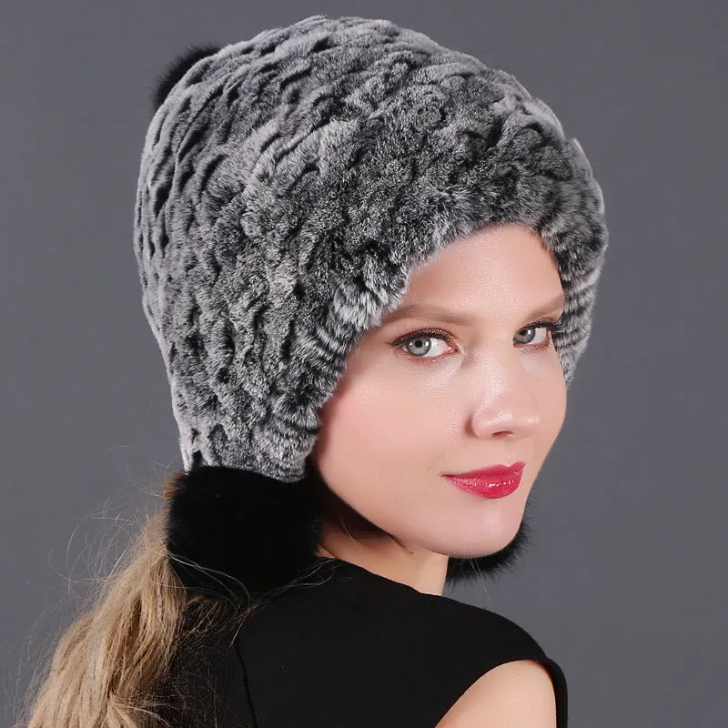 Three ball ear protecting Rex rabbit fur hat thickened warm lady fur in autumn and winter