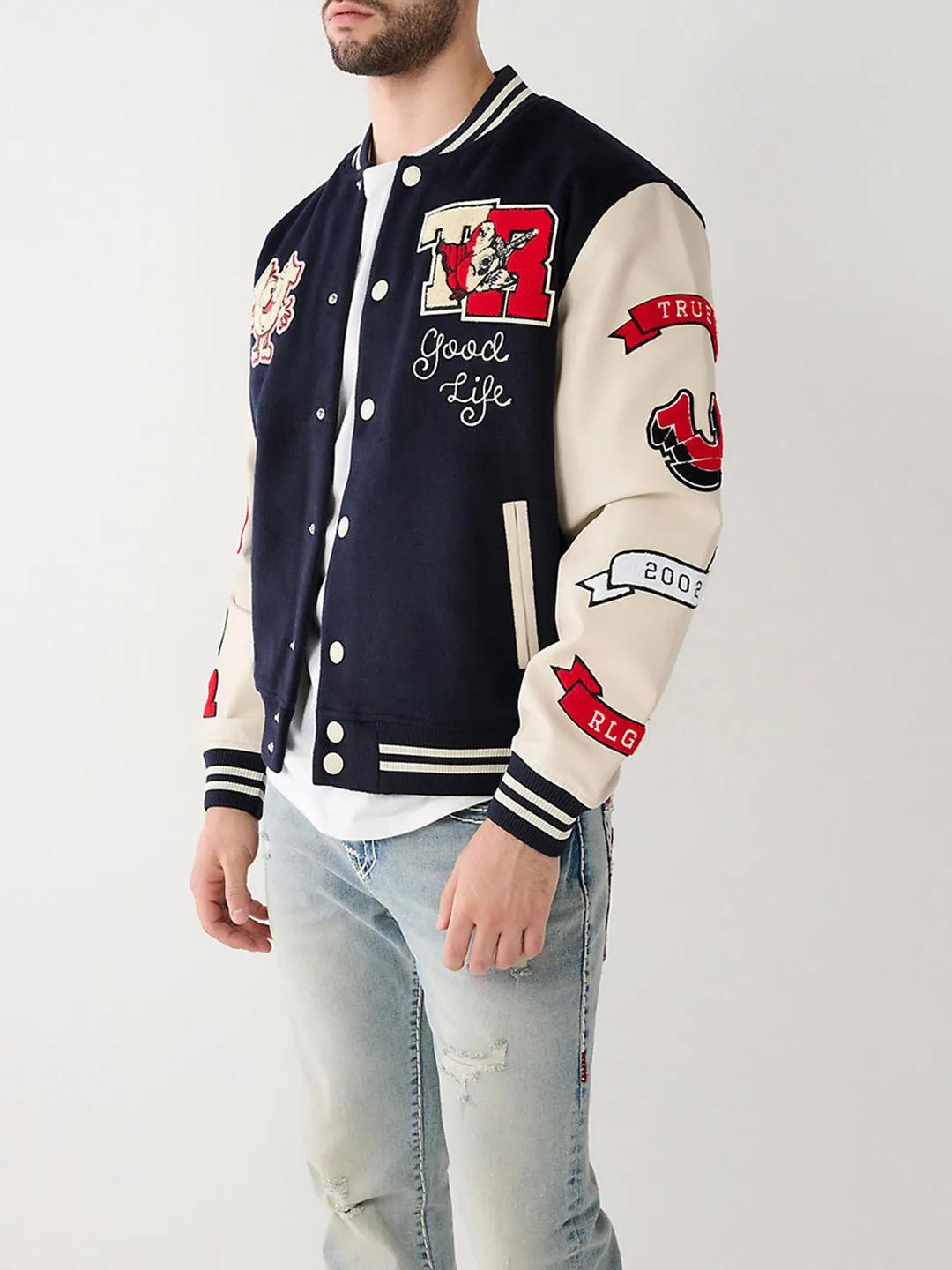 True Religion Men Embroidered Full Sleeves Stand Collar Jacket