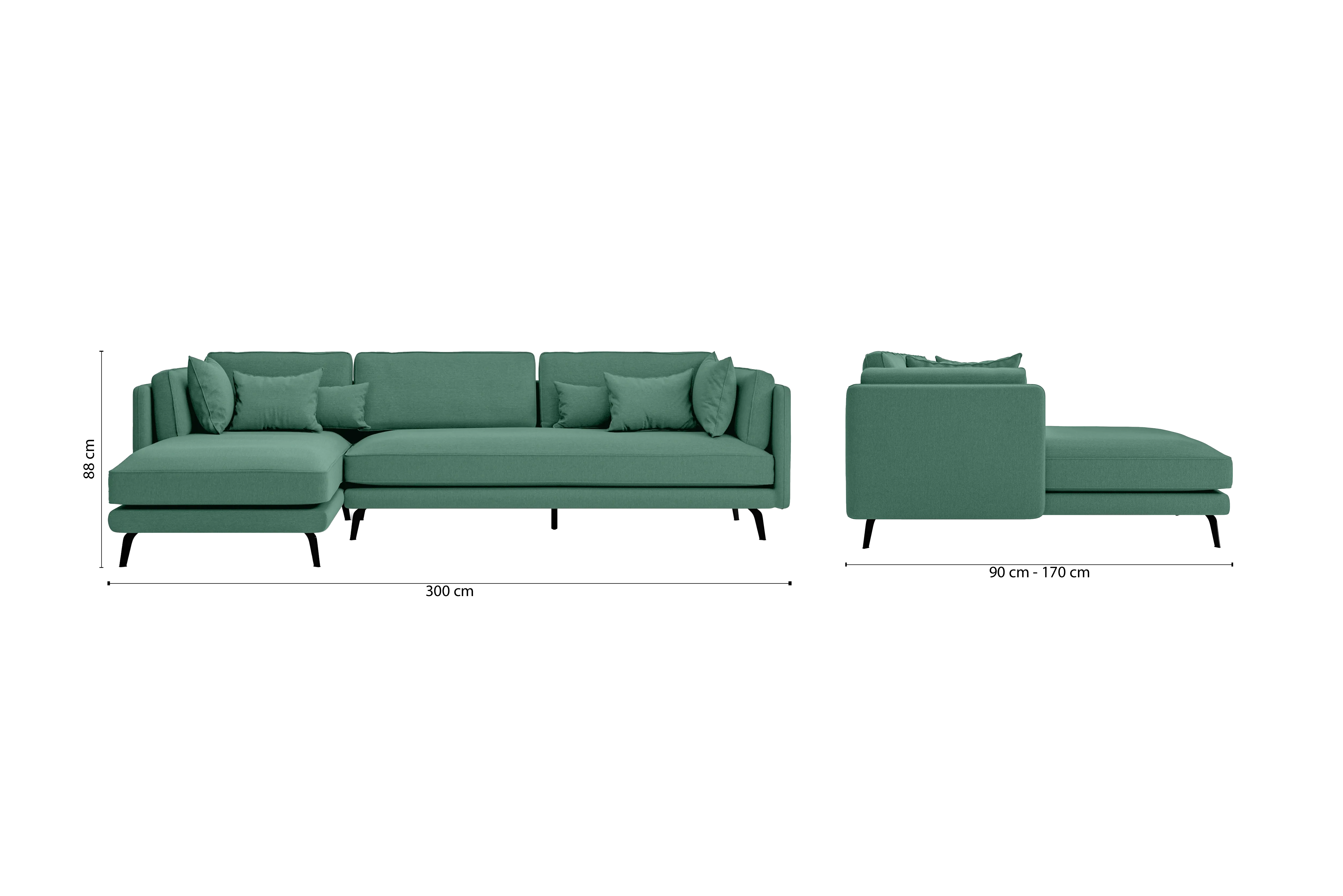 Velletri 4 Seater Left Hand Facing Chaise Lounge Corner Sofa Mint Green Linen Fabric