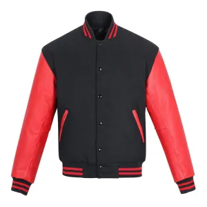 Warrior Gears Classic Hybrid Varsity Jacket for Kids, Toddler Letterman Bomber Jacket for Boys, Unisex Varsity Jacket Girls, Black Pure Wool Body & Red Cowhide Leather Sleeves