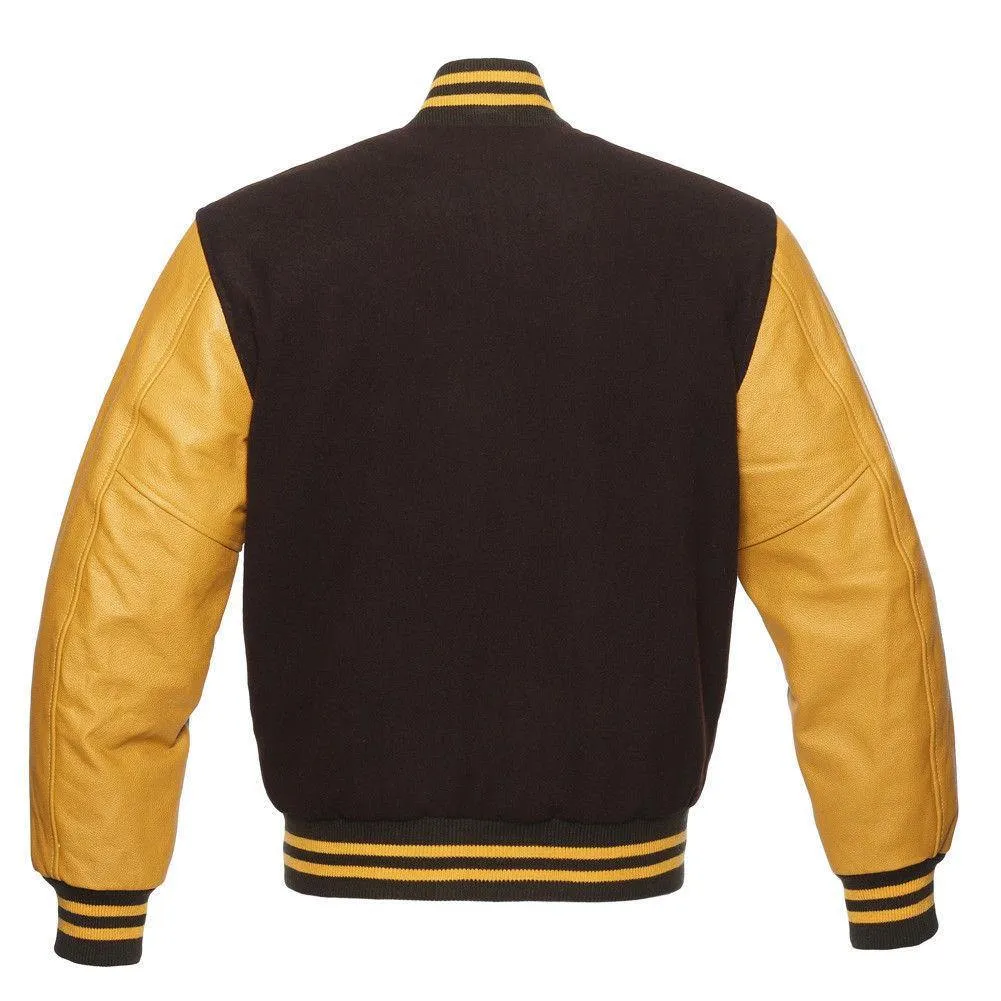 Warrior Gears Classic Hybrid Varsity Jacket for Kids, Toddler Letterman Bomber Jacket for Boys, Unisex Varsity Jacket Girls, Brown Pure Wool Body & Gold Cowhide Leather Sleeves