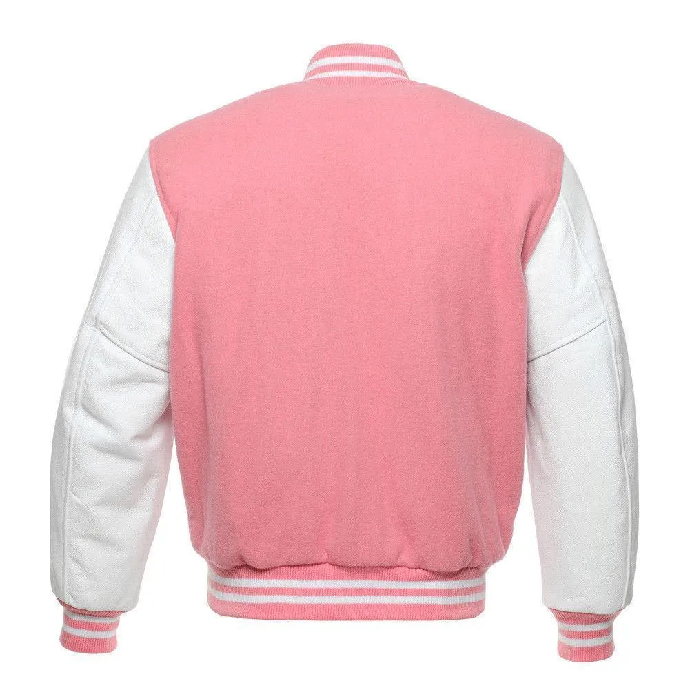 Warrior Gears Classic Hybrid Varsity Jacket University Letterman Bomber Jacket, Pure Wool & Original Cowhide Leather Jacket, Baby Pink Pure Wool Body & White Real Leather Sleeves