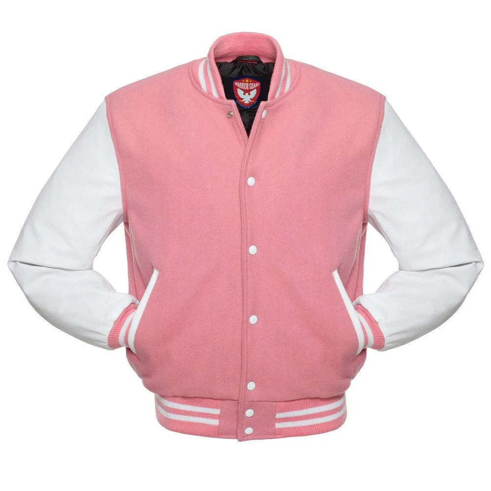 Warrior Gears Classic Hybrid Varsity Jacket University Letterman Bomber Jacket, Pure Wool & Original Cowhide Leather Jacket, Baby Pink Pure Wool Body & White Real Leather Sleeves