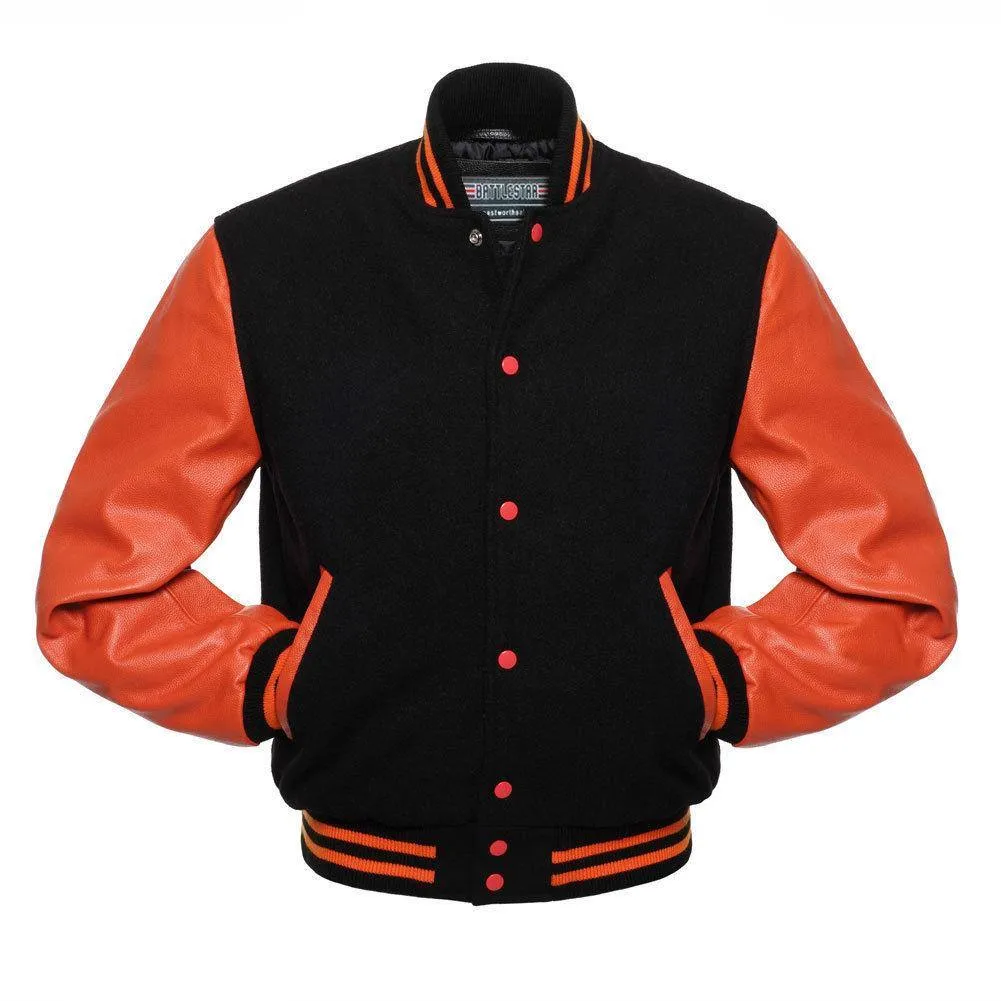 Warrior Gears Classic Hybrid Varsity Jacket University Letterman Bomber Jacket, Pure Wool & Original Cowhide Leather Jacket, Black Pure Wool Body & Orange Real Leather Sleeves