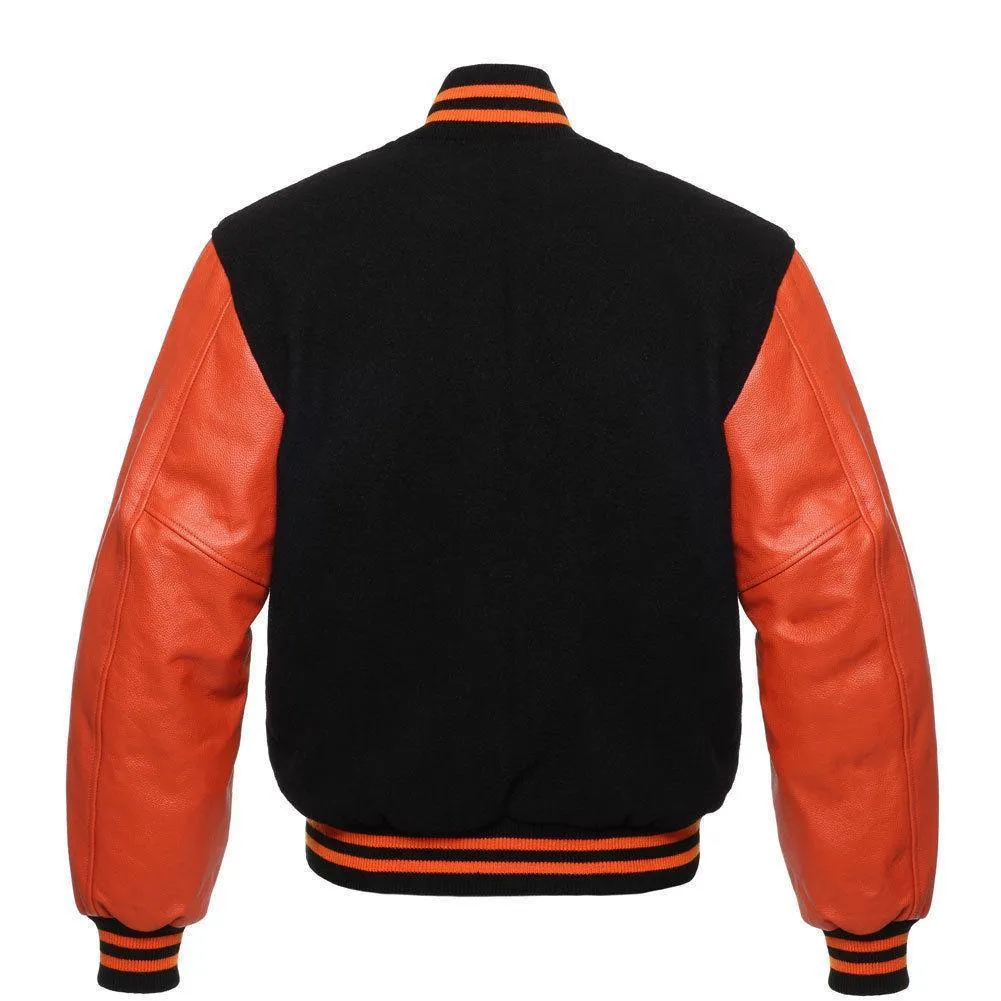 Warrior Gears Classic Hybrid Varsity Jacket University Letterman Bomber Jacket, Pure Wool & Original Cowhide Leather Jacket, Black Pure Wool Body & Orange Real Leather Sleeves