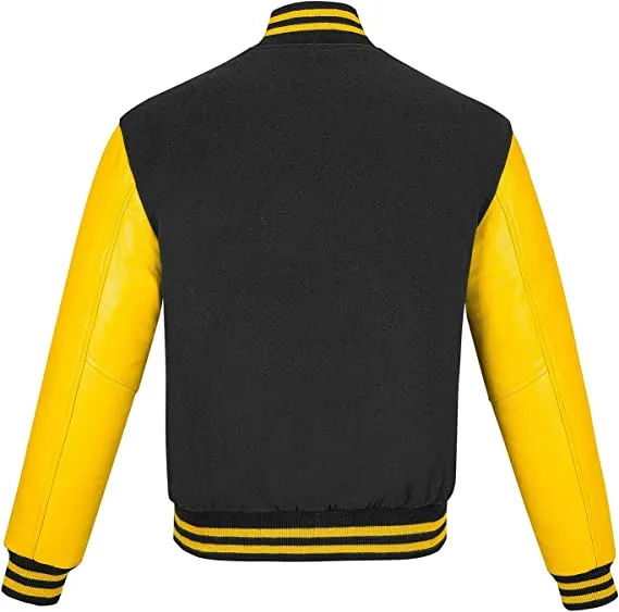 Warrior Gears Classic Hybrid Varsity Jacket University Letterman Bomber Jacket, Pure Wool & Original Cowhide Leather Jacket, Black Pure Wool Body & Yellow Real Leather Sleeves