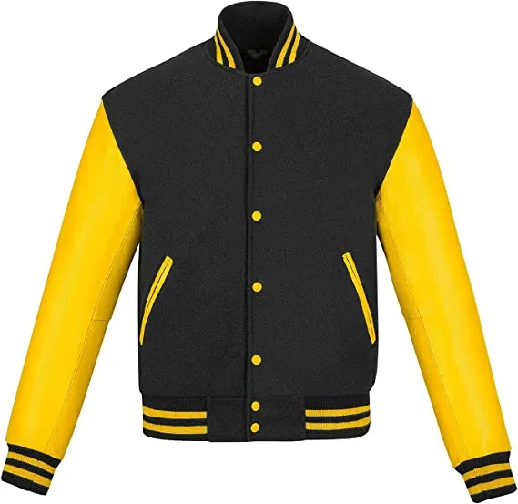 Warrior Gears Classic Hybrid Varsity Jacket University Letterman Bomber Jacket, Pure Wool & Original Cowhide Leather Jacket, Black Pure Wool Body & Yellow Real Leather Sleeves